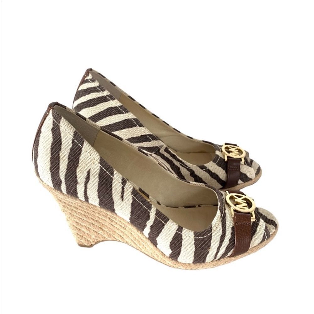 Michael Kors Safari Zebra Print Open Peep Toe Wedges Size 8.5